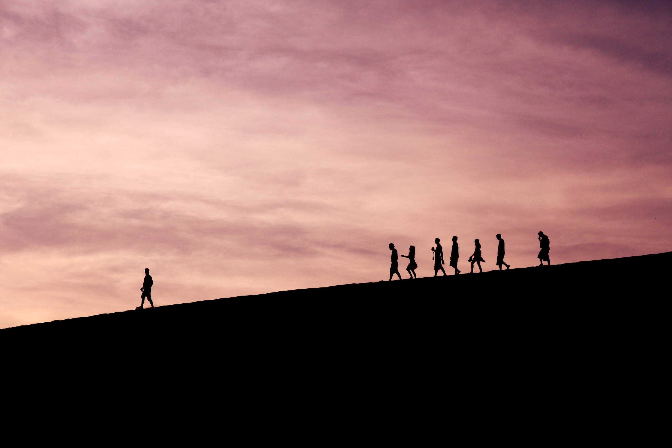 A line of people walking down a hill is shown in silhouette against a purple sky. There is one person far ahead, leading, while 7 others are following behind.
